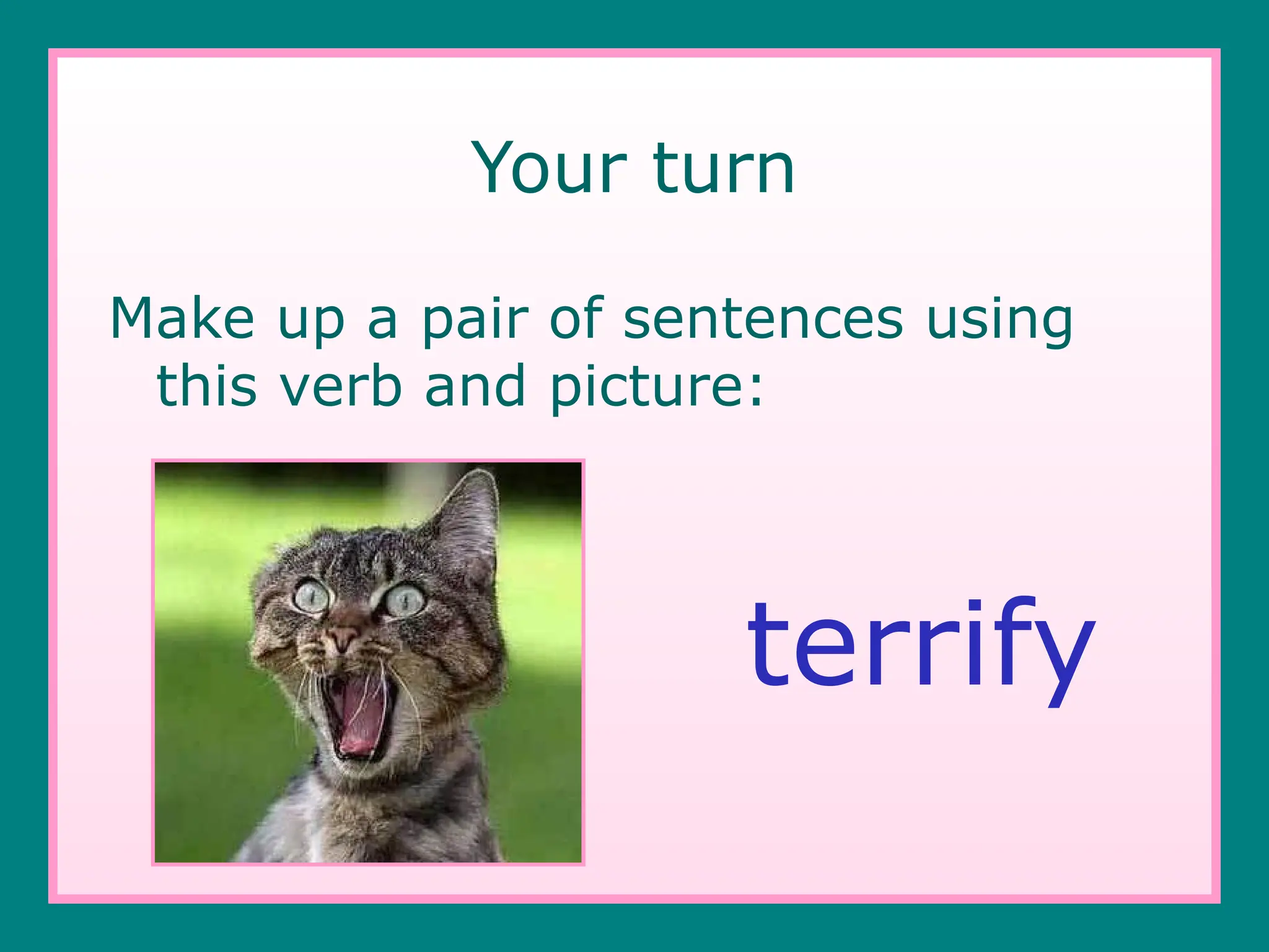 Your turn
Make up a pair of sentences using
this verb and picture:
terrify
 
