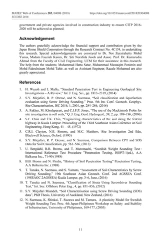 11
MATEC Web of Conferences 203, 04008 (2018)	https://doi.org/10.1051/matecconf/201820304008
ICCOEE 2018
government and private agencies involved in construction industry to ensure CITP 2016-
2020 will be achieved as planned.
Acknowledgement
The authors gratefully acknowledge the financial support and contribution given by the
Japan Home Shield Corporation through the Research Contract No. 4C134, in undertaking
this research. Special acknowledgements are conveyed to Dr. Nor Zurairahetty Mohd
Yunus, Madam Fauziah Kasim, Dr. Siti Norafida Jusoh and Assoc. Prof. Dr. Kamarudin
Ahmad from the Faculty of Civil Engineering, UTM for their assistance in this research.
The help from the students; Muhammad Hatta Satar, Muhammad Mustaqim Ponimin and
Mohd Fakrulnizam Mohd Tahir, as well as Assistant Engineer, Razale Mohamed are also
greatly appreciated.
References
1. H. Wazoh and J. Mallo, “Standard Penetration Test in Engineering Geological Site
Investigations – A Review,” Int. J. Eng. Sci., pp. 1813–2319, (2014)
2. S.Y. Mirjafari, R. P. Orense, and N. Suemasa, “Soil classification and liquefaction
evaluation using Screw Driving Sounding,” Proc. 5th Int. Conf. Geotech. Geophys.
Site Characterisation, ISC 2016, 1, 2001, pp. 284–286, (2016)
3. A. Fakher, M. Khodaparast, and C.J.F.P. Jones, “The use of the Mackintosh Probe for
site investigation in soft soils,” Q. J. Eng. Geol. Hydrogeol., 39, 2, pp. 189–196, (2006)
4. S.F. Chan and F.K. Chin, “Engineering characteristics of the soil along the federal
highway in Kuala Lumpur. Proceeding of the Third Southeast Asian Coference on Soil
Engineering, Hong Kong, 41 – 45, (1972)
5. C.R.I. Clayton, N.E. Simons, and M.C. Matthew, Site Investigation 2nd Edn,
Blackwell Science, Oxford. (1995)
6. S.Y. Mirjafari, R. P. Orense, and N. Suemasa, Comparison Between CPT and SDS
Data for Soil Classification, pp. 561–566, (2013)
7. U. Bergdahl, B.B. Broms, and T. Muromachi, “Swedish Weight Sounding Test :
International Reference Test Procedure ”Penetration Testing, ISOPT-1(ed.), A.A
Balkema Inc., 71-90 (1988)
8. B.B. Broms and N. Flodin, “History of Soil Penetration Testing” Penetration Testing,
A.A Balkema Inc. (1988)
9. T. Tanaka, N. Suemasa, and S. Yamato, “Assessment of Soil Characteristics by Screw
Driving Sounding,” 19th Southeast Asian Geotech. Conf. 2nd AGSSEA Conf.
(19SEAGC 2AGSSEA) Kuala Lumpur, pp. 3–6, June, (2016)
10. T. Tanaka and N. Suemasa, “Classification of Strata Using Screwdriver Sounding
Test,” Int. Soc. Offshore Polar Eng., 4, pp. 851–856, (2012)
11. S.Y. Mirjafari Miandeh, “Soil Characterisation using Screw Driving Sounding (SDS)
data”, PhD Thesis, University of Auckland, New Zealand, (2016)
12. N. Suemasa, K. Shinkai, T. Suzawa and M. Tamura, A plasticity Model for Swedish
Weight Sounding Test. Proc. 4th Japan-Philipinnes Workshop on Safety and Stability
of Infrastructure, University of Philipinnes, 169-177, (2005)
 