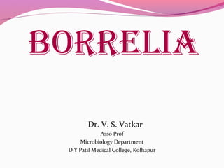 BORRELIA
Dr. V. S. Vatkar
Asso Prof
Microbiology Department
D Y Patil Medical College, Kolhapur
 