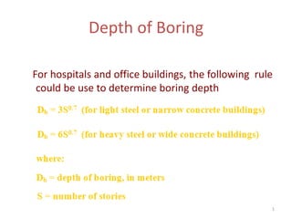 1
Depth of Boring
For hospitals and office buildings, the following rule
could be use to determine boring depth
 