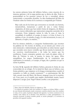 329
las catorce primeras letras del alfabeto hebreo, como muestra de su
inmensa apertura y de la carga poética que se deriva de ellas. Todo es
potencialidad en los poemas: retazos de luz u oscuridad, aliento
entrecortado o cercenados destellos. La idea fundamental del libro de
Ouaknin sobre las formas de la escritura es compartida por Valente:
Bajo cada una de las letras que conocemos se esconde una historia,
metamorfosis, mutaciones a partir de una o varias formas
originarias, de letras que han tenido forma de imágenes, de dibujos
más o menos elaborados que representan categorías esenciales de la
existencia. Estas imágenes narran la vida, la casa, el viaje, la
sexualidad, el conflicto, el cuerpo, la mano y el don, la boca y la
palabra, el ojo y la mirada, el agua y la vida inconsciente, la caza y el
alimento, el soplo y la oración...772
Son los mismos símbolos, o categorías fundamentales, que recorren
las palabras de Tres lecciones de tinieblas, en un intento por volver a lo
más minúsculo e indeterminado, por descubrir un relato latente: aquel
que esconden unos trazos versátiles que llevan inscrita la memoria de
sus sucesivas transformaciones y de todas las manos que los
escribieron. Cuatro conceptos guiarán este vuelo de pájaro sobre el
libro de Valente: la casa, la puerta, la mano, las aguas. Ellos
ejemplifican los rasgos fundamentales de la conjunción que
exploramos: la escritura y el cuerpo, el lugar, isla o pantano en que se
cierne la palabra.
La letra Bet ‫,ב‬ segunda del alfabeto hebreo, presenta la forma de una
concavidad, de un refugio. Es la inicial de Bayit, casa en hebreo, cuya
forma primitiva, que reaparece en la lengua contemporánea cuando el
sustantivo se halla en estado constructo773
, es precisamente Bet: Bet
Sefer, escuela (casa del libro), Bet Knesset, sinagoga (casa de la reunión),
etc. Casa, pues, en el sentido más amplio: interioridad, matriz, hueco
dispuesto a acoger. José Ángel Valente escribe a este propósito:
772 Marc-Alain OUAKNIN, Mystères de l’alphabet, p. 350.
773 La relación de genitivo entre dos nombres se expresa en hebreo bíblico a través
de una fórmula denominada estado constructo: estrecha relación entre dos nombres
(o más), de los cuales el primero depende del siguiente. La forma constructa de un
nombre suele diferir de la absoluta. Esta diferencia se debe principalmente a la
situación acentual: el primer nombre pierde su acento principal y se convierte en
proclítico del segundo nombre.
 