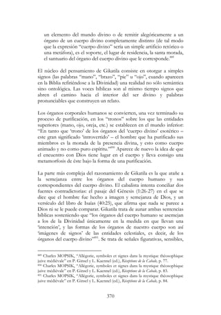 370
un elemento del mundo divino o de remitir alegóricamente a un
órgano de un cuerpo divino completamente distinto (de tal modo
que la expresión “cuerpo divino” sería un simple artificio retórico o
una metáfora), es el soporte, el lugar de residencia, la santa morada,
el santuario del órgano del cuerpo divino que le corresponde.889
El núcleo del pensamiento de Gikatila consiste en otorgar a simples
signos (las palabras “mano”, “brazo”, “pie” u “ojo”, cuando aparecen
en la Biblia refiriéndose a la Divinidad) una realidad no sólo semántica
sino ontológica. Las voces bíblicas son al mismo tiempo signos que
abren el camino hacia el interior del ser divino y palabras
pronunciables que construyen un relato.
Los órganos corporales humanos se convierten, una vez terminado su
proceso de purificación, en los “tronos” sobre los que las entidades
superiores (mano, ojo, oreja, etc.) se establecen en el mundo inferior:
“En tanto que ‘trono’ de los órganos del ‘cuerpo divino’ esotérico –
este gran significado ‘introvertido’ – el hombre que ha purificado sus
miembros es la morada de la presencia divina, y esto como cuerpo
animado y no como puro espíritu.”890
Aparece de nuevo la idea de que
el encuentro con Dios tiene lugar en el cuerpo y lleva consigo una
metamorfosis de éste bajo la forma de una purificación.
La parte más compleja del razonamiento de Gikatila es la que atañe a
la semejanza entre los órganos del cuerpo humano y sus
correspondientes del cuerpo divino. El cabalista intenta conciliar dos
fuentes contradictorias: el pasaje del Génesis (1:26-27) en el que se
dice que el hombre fue hecho a imagen y semejanza de Dios, y un
versículo del libro de Isaías (40:25), que afirma que nada se parece a
Dios ni se le puede comparar. Gikatila trata de aunar ambas sentencias
bíblicas sosteniendo que “los órganos del cuerpo humano se asemejan
a los de la Divinidad únicamente en la medida en que llevan una
‘intención’, y las formas de los órganos de nuestro cuerpo son así
‘imágenes de signos’ de las entidades celestiales, es decir, de los
órganos del cuerpo divino”891
. Se trata de señales figurativas, sensibles,
889 Charles MOPSIK, “Allégorie, symboles et signes dans la mystique théosophique
juive médiévale” en P. Ginsel y L. Kaennel (ed.), Réceptions de la Cabale, p. 77.
890 Charles MOPSIK, “Allégorie, symboles et signes dans la mystique théosophique
juive médiévale” en P. Ginsel y L. Kaennel (ed.), Réceptions de la Cabale, p. 83.
891 Charles MOPSIK, “Allégorie, symboles et signes dans la mystique théosophique
juive médiévale” en P. Ginsel y L. Kaennel (ed.), Réceptions de la Cabale, p. 84.
 