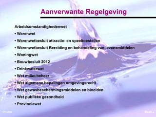 Aanverwante Regelgeving 
Arbeidsomstandighedenwet 
• Warenwet 
• Warenwetbesluit attractie‐ en speeltoestellen 
• Warenwetbesluit Bereiding en behandeling van levensmiddelen 
• Woningwet 
• Bouwbesluit 2012 
• Drinkwaterwet 
• Wet milieubeheer 
• Wet algemene bepalingen omgevingsrecht 
• Wet gewasbeschermingsmiddelen en biociden 
• Wet publieke gezondheid 
• Provinciewet 
• Home Back  
 