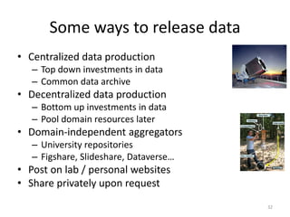Some ways to release data
• Centralized data production
– Top down investments in data
– Common data archive
• Decentralized data production
– Bottom up investments in data
– Pool domain resources later
• Domain-independent aggregators
– University repositories
– Figshare, Slideshare, Dataverse…
• Post on lab / personal websites
• Share privately upon request
32
 