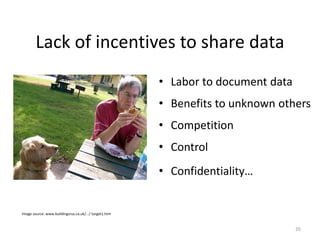 Lack of incentives to share data
• Labor to document data
• Benefits to unknown others
• Competition
• Control
• Confidentiality…
35
Image source: www.buildingsrus.co.uk/.../ target1.htm
 