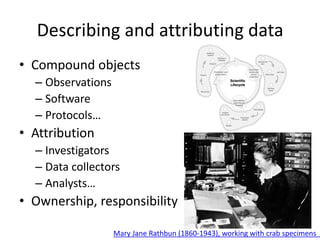 Describing and attributing data
• Compound objects
– Observations
– Software
– Protocols…
• Attribution
– Investigators
– Data collectors
– Analysts…
• Ownership, responsibility
Mary Jane Rathbun (1860-1943), working with crab specimens
 