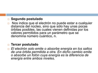 Segundo postulado Nos indica que el electrón no puede estar a cualquier distancia del núcleo, sino que sólo hay unas pocas órbitas posibles, las cuales vienen definidas por los valores permitidos para un parámetro que se denomina número cuántico, n.Tercer postuladoEl electrón solo emite o absorbe energía en los saltos de una órbita permitida a otra. En dicho cambio emite o absorbe un fotón cuya energía es la diferencia de energía entre ambos niveles. 