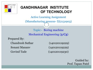 Active Learning Assignment
(Manufacturing process- I)(2131903)
Topic:- Boring machine
Mechanical Engineering (3 C3)
Prepared By:
Chandresh Suthar (140120119229)
Sonani Mananv (140120119229)
Govind Tade (140120119230)
Guided by:
Prof. Tapan Patel
 
