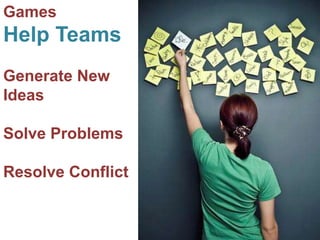 Games 
Help Teams 
Generate New 
Ideas 
Solve Problems 
Resolve Conflict 
 