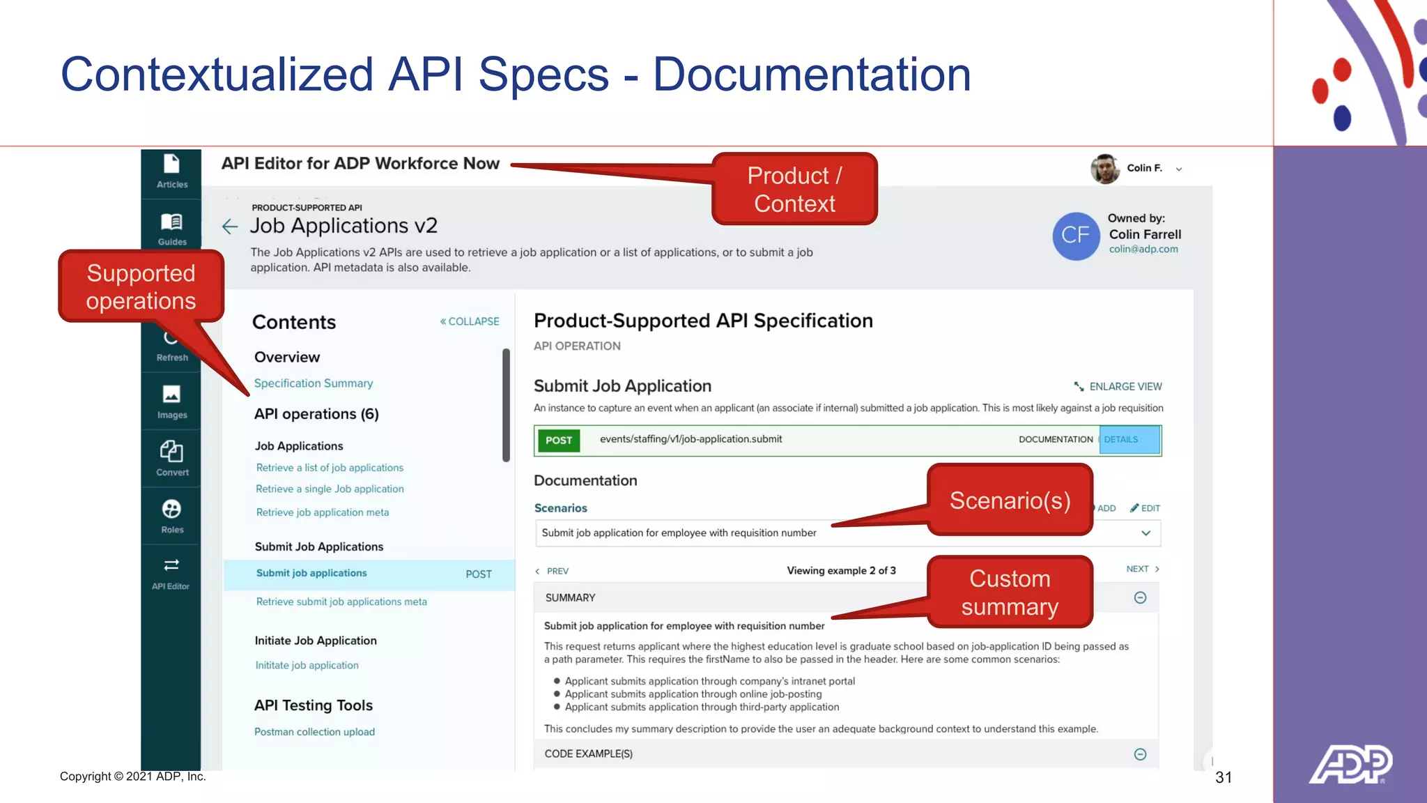 Copyright © 2021 ADP, Inc.
Contextualized API Specs - Documentation
31
Supported
operations
Product /
Context
Scenario(s)
Custom
summary
 