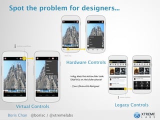 Spot the problem for designers...




                            Hardware Controls


                              Why does the action bar look
                              like this on the older phone?

                              - Your favourite designer




    Virtual Controls                                          Legacy Controls

Boris Chan @borisc / @xtremelabs                                                27
 