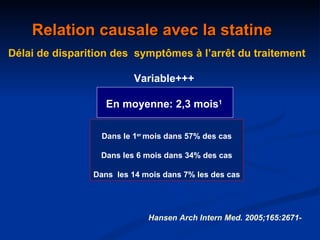 Relation causale avec la statine Délai de disparition des  symptômes à l’arrêt du traitement Variable+++ En moyenne: 2,3 mois 1 Dans le 1 er  mois dans 57% des cas Dans les 6 mois dans 34% des cas Dans  les 14 mois dans 7% les des cas Hansen Arch Intern Med. 2005;165:2671- 