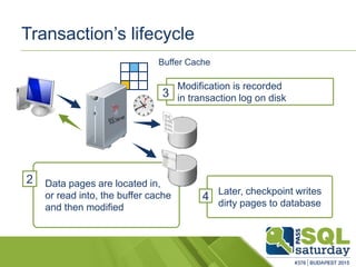 Data pages are located in,
or read into, the buffer cache
and then modified
2
Modification is recorded
in transaction log on disk3
Later, checkpoint writes
dirty pages to database
4
Buffer Cache
Transaction’s lifecycle
 