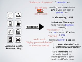 0 clean shirt left
+
washing machine estimates
97% of your last pack of
powder used
+
it’s Wednesday, 23:55
+
the last four Thursdays
had a morning business
meeting
+
the car is parked 20 m from
a shop
+
last retail activity: 8 sec ago
Send immediate text
reminder to pick up
washing powder + send
tweet from @BorisHouse
“need identiﬁed” AND
“notiﬁcation appropriate”Actionable insight.
From everything.
“indicator of esteem”
3% left and
not pressed
“not home”
“buying”
credit card:
“highly personal device”
~ alive and awake
 