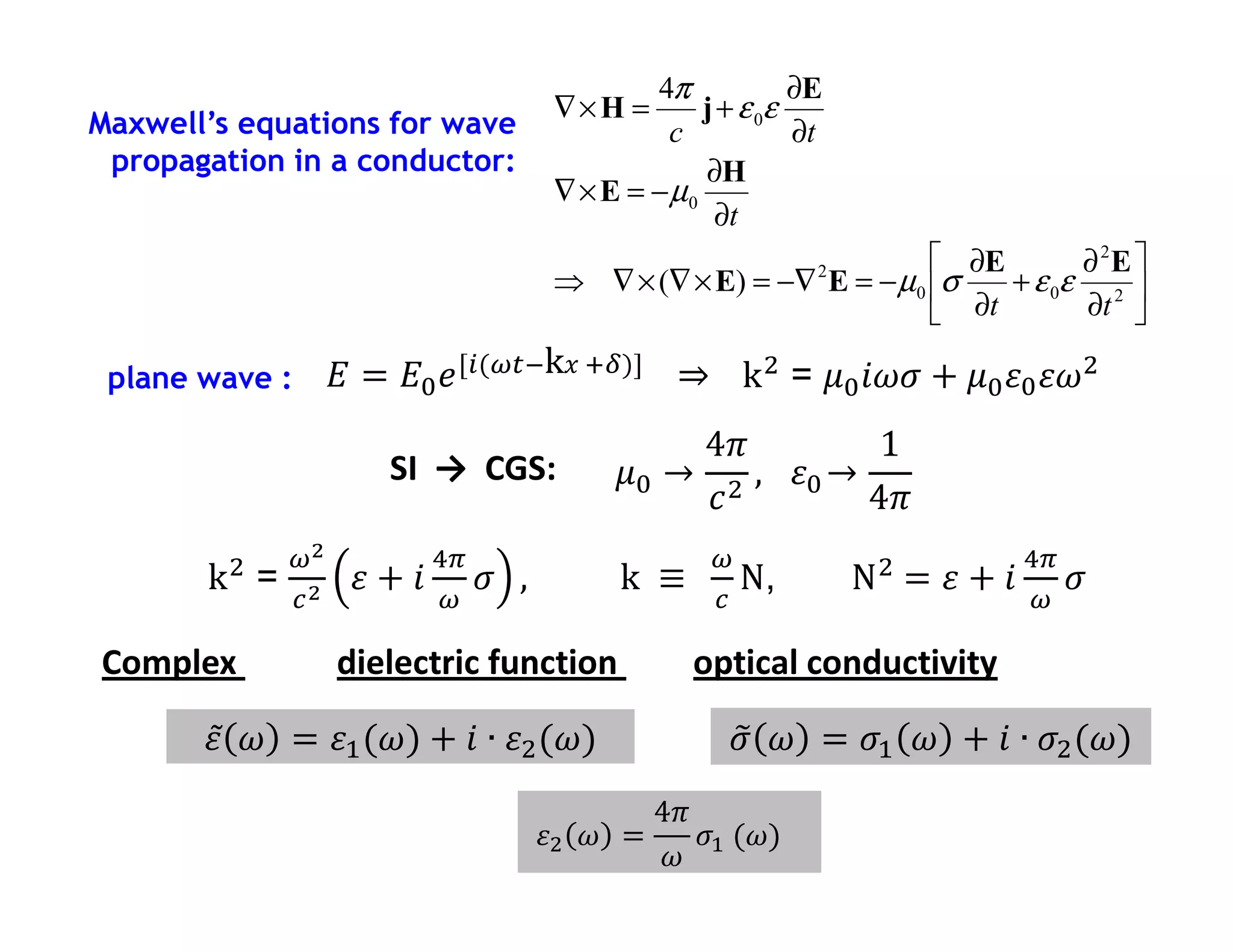 4π
                           Electrodynamics of ∂E
                               ∇× H =    j + ε 0ε Solids
Maxwell’s equations for wave                     c          ∂t
 propagation in a conductor:                         ∂H
                                       ∇ × E = −µ0
                                                     ∂t
                                                                    ∂E       ∂ 2E 
                                       ⇒ ∇ × (∇ × E) = −∇ E = − µ0 σ
                                                                 2
                                                                        + ε 0ε 2 
                                                                    ∂t       ∂t 

 plane wave :          ‫ܧ = ܧ‬଴ ݁ [௜(ఠ௧ିk‫ ݔ‬ାఋ)] ⇒ 	k ଶ = ߤ଴ ݅߱ߪ + ߤ଴ ߝ଴ ߝ߱ଶ
                                                4ߨ           1
                           SI → CGS:        ߤ଴ → ଶ ,			ߝ଴ →
                                                ܿ           4ߨ
                  ఠమ          ସగ                      ఠ                         ସగ
       	k ଶ   =         ߝ+݅      ߪ   , 									k	 ≡ 	 N, 								Nଶ 	= ߝ + ݅      ߪ
                  ௖మ          ఠ                       ௖                         ఠ

Complex                dielectric function           optical conductivity

        ߝ̃ ߱ = ߝଵ (߱) + ݅ ∙ ߝଶ (߱)                     ߪ ߱ = ߪଵ ߱ + ݅ ∙ ߪଶ (߱)
                                                       ෤
                                               4ߨ
                                      ߝଶ ߱ =      ߪଵ 	(߱)
                                               ߱
 