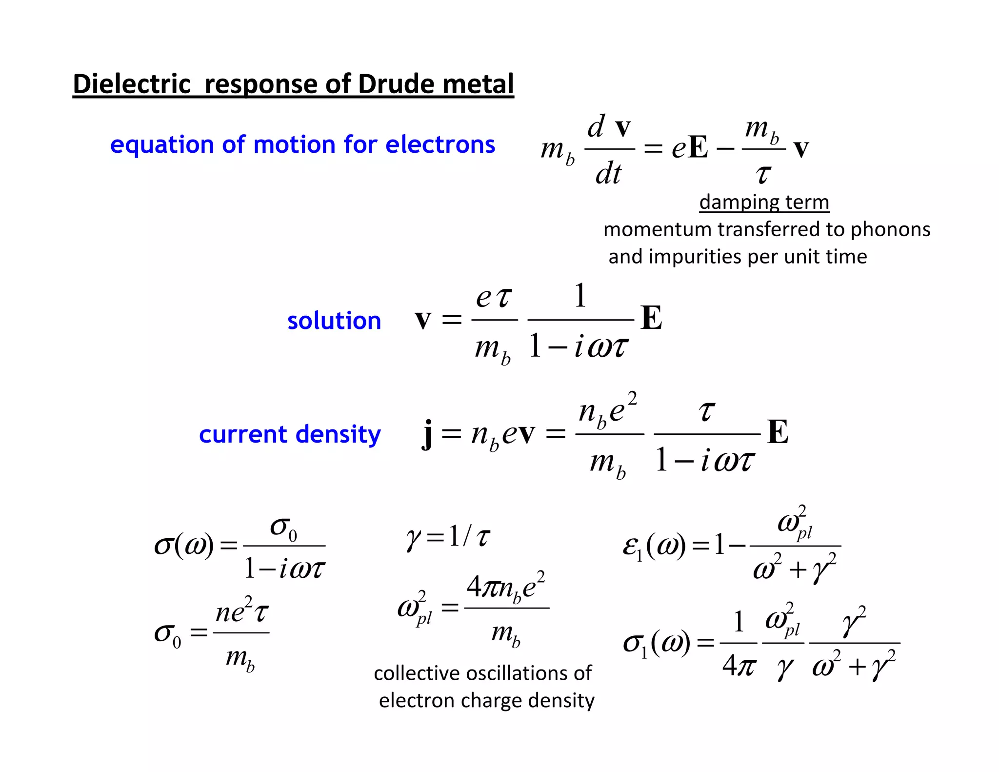 Dielectric response of Drude metal
                                               dv        mb
  equation of motion for electrons          mb    = eE −    v
                                               dt        τ
                                                              damping term
                                                      momentum transferred to phonons
                                                      and impurities per unit time
                                 eτ     1
                  solution    v=            E
                                 mb 1 − iωτ
                                            nb e 2 τ
          current density      j = nb e v =             E
                                             mb 1 − iωτ
                σ0           γ = 1/ τ                               ω pl
                                                                      2

      σ (ω) =                                          ε1 (ω) = 1 − 2 2
              1 − iωτ                                              ω +γ
                                    4π nbe2
           ne2τ              ω pl =
                               2
                                                                   ω pl γ 2
                                                                     2
      σ0 =                            mb               σ1 (ω) =
                                                                 1
            mb           collective oscillations of             4π γ ω 2 + γ 2
                          electron charge density
 