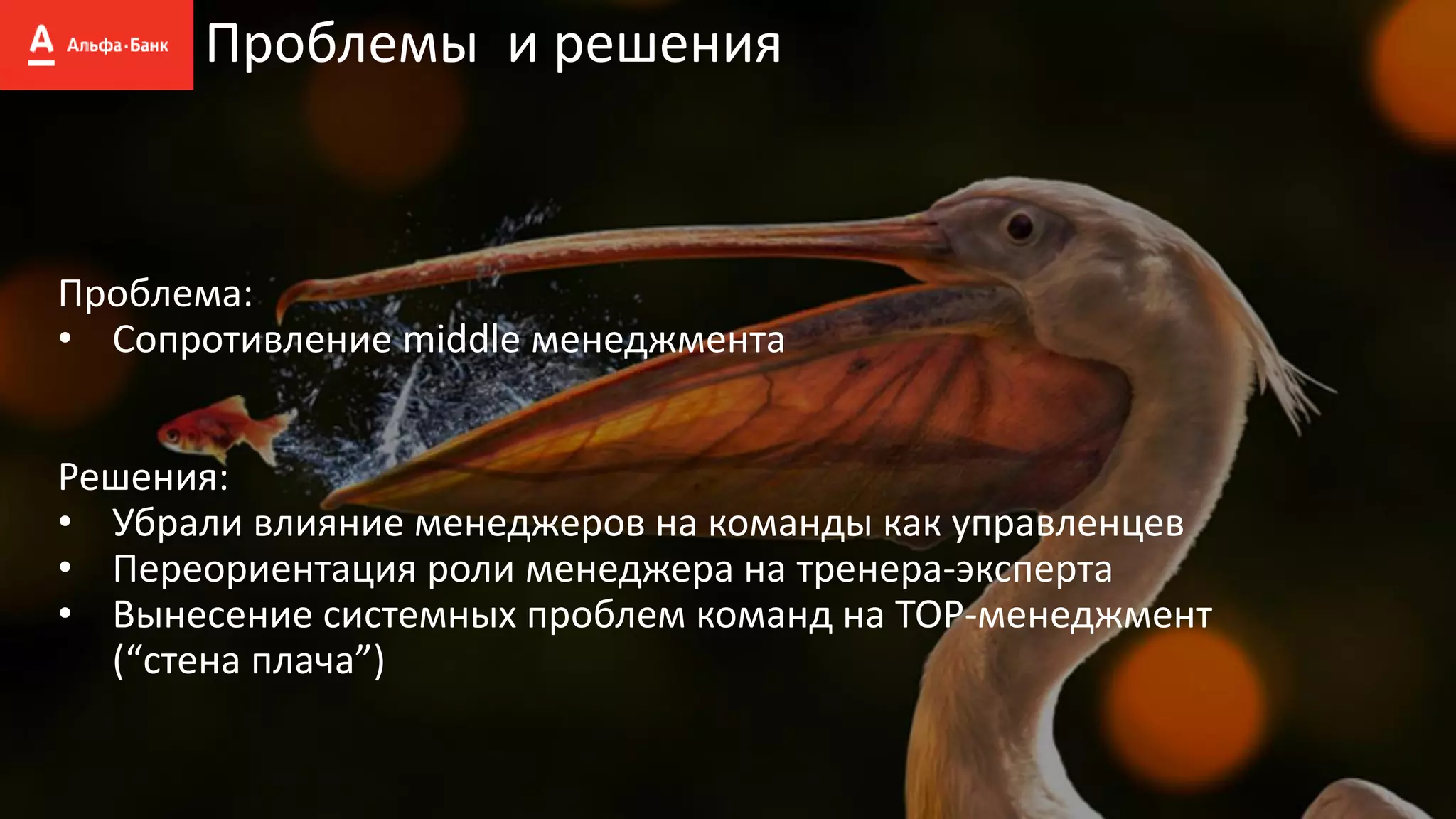 Проблемы и решения
Проблема:
• Сопротивление middle менеджмента
Решения:
• Убрали влияние менеджеров на команды как управленцев
• Переориентация роли менеджера на тренера-эксперта
• Вынесение системных проблем команд на TOP-менеджмент
(“стена плача”)
 