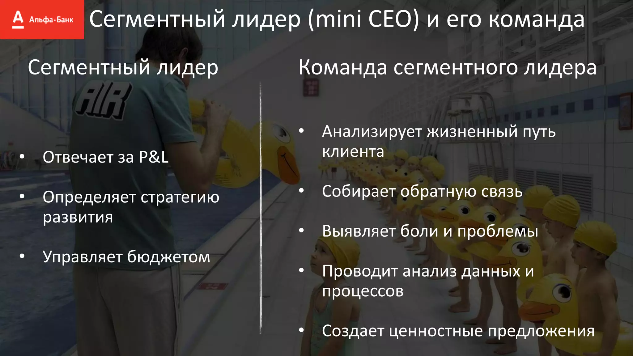 Сегментный лидер (mini CEO) и его команда
Сегментный лидер Команда сегментного лидера
• Отвечает за P&L
• Определяет стратегию
развития
• Управляет бюджетом
• Анализирует жизненный путь
клиента
• Собирает обратную связь
• Выявляет боли и проблемы
• Проводит анализ данных и
процессов
• Создает ценностные предложения
 