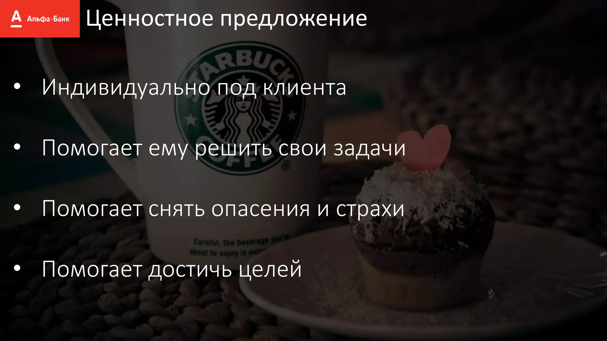 Ценностное предложение
• Индивидуально под клиента
• Помогает ему решить свои задачи
• Помогает снять опасения и страхи
• Помогает достичь целей
 