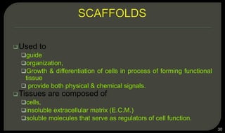 Used to
guide
organization,
Growth & differentiation of cells in process of forming functional
tissue
 provide both physical & chemical signals.
Tissues are composed of
cells,
insoluble extracellular matrix (E.C.M.)
soluble molecules that serve as regulators of cell function.
30
 