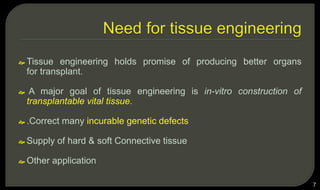  Tissue engineering holds promise of producing better organs
for transplant.
 A major goal of tissue engineering is in-vitro construction of
transplantable vital tissue.
 .Correct many incurable genetic defects
 Supply of hard & soft Connective tissue
 Other application
7
 