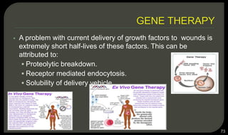  A problem with current delivery of growth factors to wounds is
extremely short half-lives of these factors. This can be
attributed to:
 Proteolytic breakdown.
 Receptor mediated endocytosis.
 Solubility of delivery vehicle.
73
 
