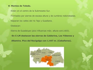  Montes de Toledo.
-Están en el centro de la Submeseta Sur.
-Formados por sierras de escasa altura y de cumbres redondeadas.
-Separan los valles del río Tajo y Guadiana.
-Destacan:
-Sierra de Guadalupe (pico Villuercas máx. altura con1.603).
-En C-LM destacan las sierras de Calderina, Los Yébenes y

Altamira. Pico del Rocigalgo con 1.447 m. (Cabañeros).

 