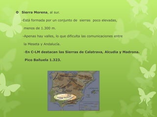  Sierra Morena, al sur.
-Está formada por un conjunto de sierras poco elevadas,
menos de 1.300 m.
-Apenas hay valles, lo que dificulta las comunicaciones entre

la Meseta y Andalucía.
-En C-LM destacan las Sierras de Calatrava, Alcudia y Madrona.
Pico Bañuela 1.323.

 
