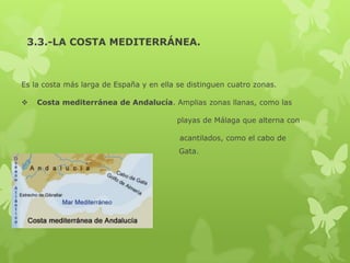 3.3.-LA COSTA MEDITERRÁNEA.

Es la costa más larga de España y en ella se distinguen cuatro zonas.


Costa mediterránea de Andalucía. Amplias zonas llanas, como las
playas de Málaga que alterna con
acantilados, como el cabo de
Gata.

 
