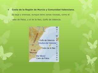 

Costa de la Región de Murcia y Comunidad Valenciana.
Es baja y arenosa, aunque tiene zonas rocosas, como el
cabo de Palos, y el de la Nao, Golfo de Valencia.

 