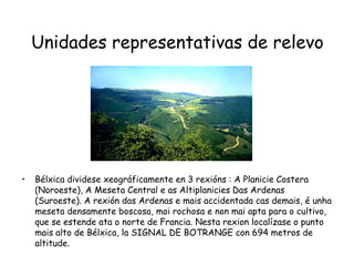Unidades representativas de relevoBélxica dividese xeográficamente en 3 rexións : A Planicie Costera (Noroeste), A Meseta Central e as Altiplanicies Das Ardenas (Suroeste). A rexión das Ardenas e mais accidentada cas demais, é unha meseta densamente boscosa, moi rochosa e non mai apta para o cultivo, que se estende ata o norte de Francia. Nesta rexion localízase o punto mais alto de Bélxica, la SIGNAL DE BOTRANGE con 694 metros de altitude.