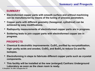 Summary and Prospects

     SUMMARY
   Electroformed copper parts with smooth surface and without machining
    can be manufactured by means of the tuning of process parameters.
   Copper parts with different geometry (hexagonal, cylindrical) can be
    achieved by easy modifications.
   Radiopurity measurements of electroformed copper parts are in progress.
   Soldering tests to join copper parts with electroformed copper are in
    progress.

     PROSPECTS
   Chemical & electrolitic improvements: CuSO4 purified by recrystallization,
    high- purity acids and anodes, CoSO4 and BaSO4 to reduce Co and Ra
    isotopes.
   Electroforming in steps to fabricate different copper parts such as cryostat
    components.
   This facility will be installed at the new (enlarged) Canfranc Underground
    Laboratory as soon as the clean room is ready.
S. Borjabad 7th JRA-1 Zaragoza Nov´07
 