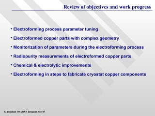 Review of objectives and work progress



        Electroforming process parameter tuning
        Electroformed copper parts with complex geometry
        Monitorization of parameters during the electroforming process
        Radiopurity measurements of electroformed copper parts
        Chemical & electrolytic improvements
        Electroforming in steps to fabricate cryostat copper components




S. Borjabad 7th JRA-1 Zaragoza Nov´07
 