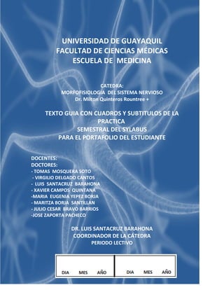 UNIVERSIDAD DE GUAYAQUIL
FACULTAD DE CIENCIAS MÉDICAS
ESCUELA DE MEDICINA
CATEDRA:
MORFOFISIOLOGIA DEL SISTEMA NERVIOSO
Dr. Milton Quinteros Rountree +
TEXTO GUIA CON CUADROS Y SUBTITULOS DE LA
PRACTICA
SEMESTRAL DEL SYLABUS
PARA EL PORTAFOLIO DEL ESTUDIANTE
DOCENTES:
DOCTORES:
- TOMAS MOSQUERA SOTO
- VIRGILIO DELGADO CANTOS
- LUIS SANTACRUZ BARAHONA
- XAVIER CAMPOS QUINTANA
-MARIA EUGENIA YEPEZ BORJA
- MARITZA BORJA SANTILLAN
- JULIO CESAR BRAVO BARRIOS
-JOSE ZAPORTA PACHECO
DR. LUIS SANTACRUZ BARAHONA
COORDINADOR DE LA CÁTEDRA
PERIODO LECTIVO
 