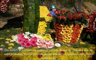 Des milliers de visiteurs ont assisté au corso de Bormes-les-Mimosas, sous un
soleil printanier. Pour la soixante-quatorzième édition, quatorze chars fleuris
étaient en lice

 