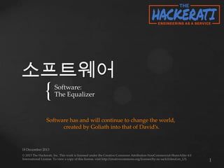 소프트웨어

{

Software:
The Equalizer

Software has and will continue to change the world,
created by Goliath into that of David’s.

 