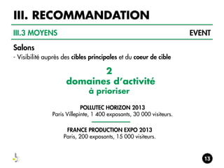 III. RECOMMANDATION
III.3 MOYENS

EVENT

Salons
- Visibilité auprès des cibles principales et du coeur de cible

2
domaines d’activité
à prioriser
POLLUTEC HORIZON 2013
Paris Villepinte, 1 400 exposants, 30 000 visiteurs.
FRANCE PRODUCTION EXPO 2013
Paris, 200 exposants, 15 000 visiteurs.

 