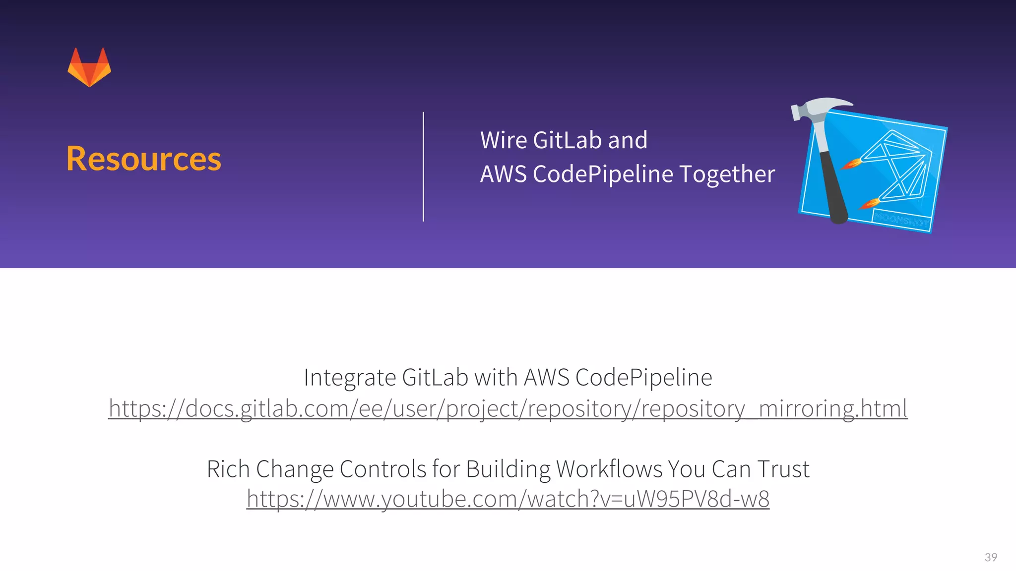 39
Resources
Wire GitLab and
AWS CodePipeline Together
Integrate GitLab with AWS CodePipeline
https://docs.gitlab.com/ee/user/project/repository/repository_mirroring.html
Rich Change Controls for Building Workflows You Can Trust
https://www.youtube.com/watch?v=uW95PV8d-w8
 