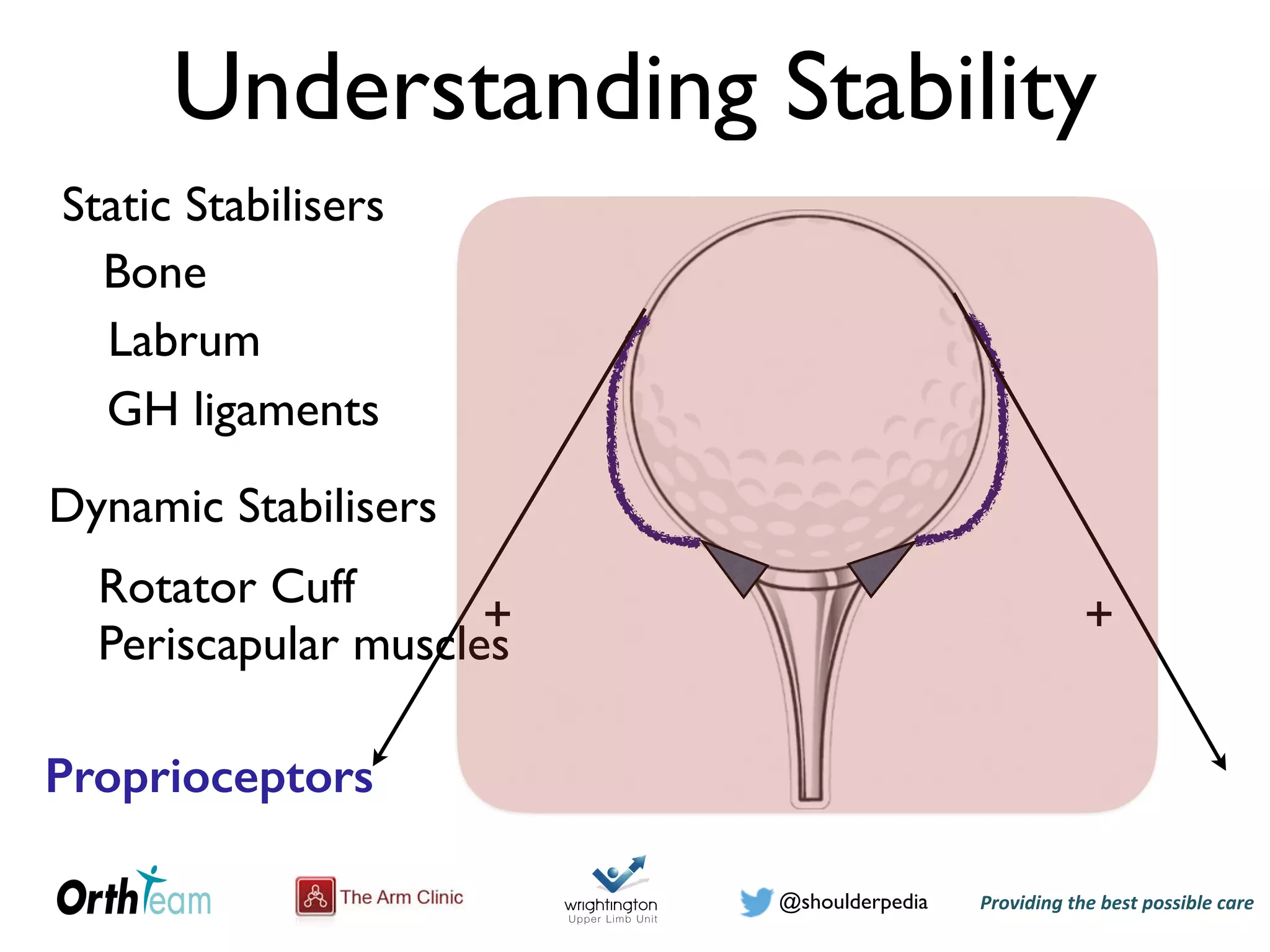 Providing)the)best)possible)care!@shoulderpedia
Understanding Stability
Static Stabilisers
Bone
Labrum
GH ligaments
Dynamic Stabilisers
Rotator Cuff
Periscapular muscles
+ +
Proprioceptors
 
