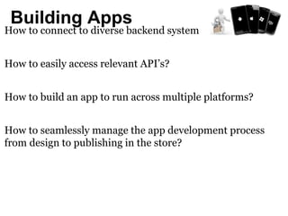 Building Apps 
How to connect to diverse backend systems? 
How to easily access relevant API’s? 
How to build an app to run across multiple platforms? 
How to seamlessly manage the app development process 
from design to publishing in the store? 
 
