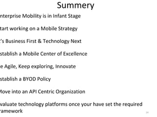 34 
Summery 
Enterprise Mobility is in Infant Stage 
Start working on a Mobile Strategy 
It’s Business First & Technology Next 
Establish a Mobile Center of Excellence 
Be Agile, Keep exploring, Innovate 
Establish a BYOD Policy 
Move into an API Centric Organization 
Evaluate technology platforms once your have set the required 
framework 
 