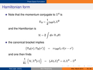 Phase Space Formulation
Hamiltonian form
Note that the momentum conjugate to XA is
ΠA =
1
2
ηAB∂σXB
and the Hamiltonian is
H = 2 dσ Π.JΠ
the canonical bracket implies
ΠA(σ), ΠB(σ ) = πηAB∂σ δ(σ − σ )
and one then ﬁnds
1
4π
H, XA
(σ) = (J∂σX)A
= ∂τ XA
− SA
Rob Leigh (UIUC) Born Reciprocity Wits: March 2014 16 / 25
 