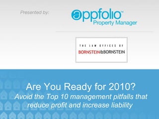 TITLE Date Speaker Are You Ready for 2010? Avoid the Top 10 management pitfalls that reduce profit and increase liability  