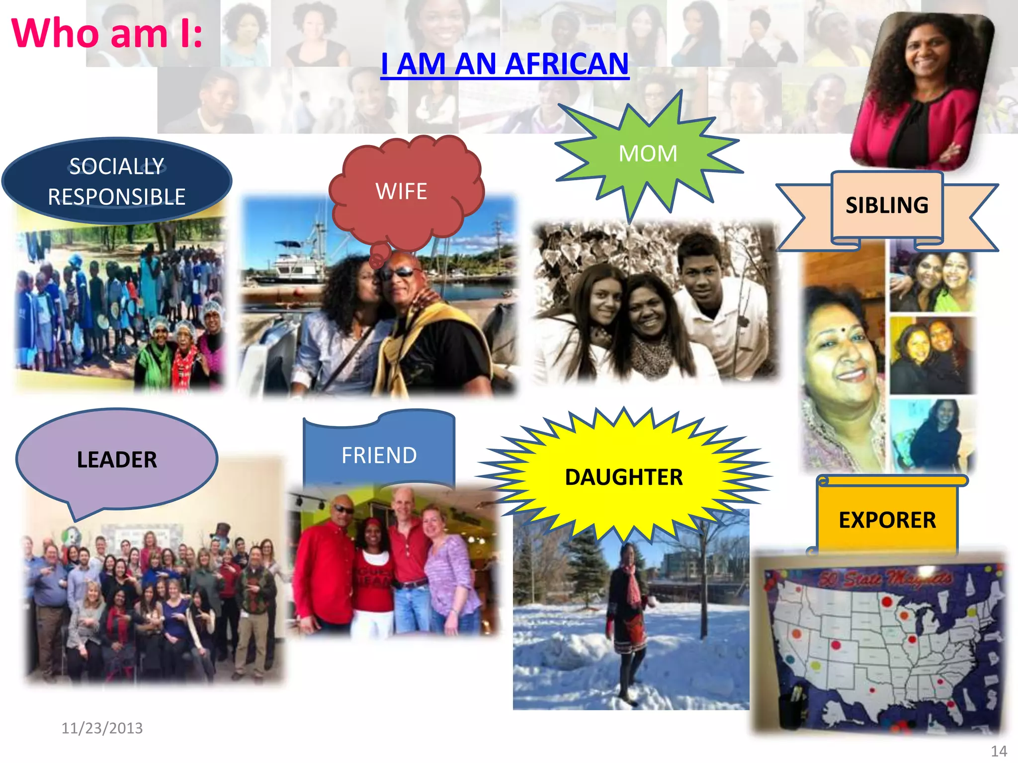 Who am I:
SOCIALLY
RESPONSIBLE

LEADER

I AM AN AFRICAN
MOM
WIFE

FRIEND

SIBLING

DAUGHTER
EXPORER

11/23/2013
14

 