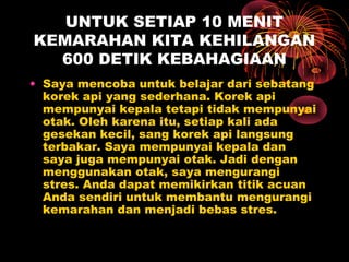 UNTUK SETIAP 10 MENIT
KEMARAHAN KITA KEHILANGAN
600 DETIK KEBAHAGIAAN
• Saya mencoba untuk belajar dari sebatang
korek api yang sederhana. Korek api
mempunyai kepala tetapi tidak mempunyai
otak. Oleh karena itu, setiap kali ada
gesekan kecil, sang korek api langsung
terbakar. Saya mempunyai kepala dan
saya juga mempunyai otak. Jadi dengan
menggunakan otak, saya mengurangi
stres. Anda dapat memikirkan titik acuan
Anda sendiri untuk membantu mengurangi
kemarahan dan menjadi bebas stres.

 