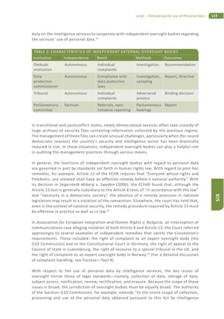119Leigh – Overseeing the use of Personal Data
SIX
duty on the intelligence services to cooperate with independent oversight bodies regarding
the services’ use of personal data.51
TABLE 2: CHARACTERISTICS OF INDEPENDENT EXTERNAL OVERSIGHT BODIES
Institution Independence Remit Methods Outcomes
Ombuds
institution
Autonomous Individual
complaints
Investigation Recommendation
Data
protection
commissioner
Autonomous Compliance with
data protection
laws
Investigation,
sampling
Report, directive
Tribunal Autonomous Individual
complaints
Adversarial
process
Binding decision
Parliamentary
committee
Partisan Referrals, own-
initiative reporting
Parliamentary
hearings
Report
In transitional and postconflict states, newly democratized services often take custody of
large archives of security files containing information collected by the previous regime.
The management of these files can create unusual challenges, particularly when (for sound
democratic reasons) the country’s security and intelligence sector has been drastically
reduced in size. In these situations, independent oversight bodies can play a helpful role
in auditing file-management practices through various means.
In general, the functions of independent oversight bodies with regard to personal data
are governed in part by standards set forth in human rights law. With regard to post hoc
remedies, for example, Article 13 of the ECHR requires that “Everyone whose rights and
freedoms…are violated shall have an effective remedy before a national authority.” With
its decision in Segerstedt-Wiberg v. Sweden (2006), the ECtHR found that, although the
Article 13 test is generally subsidiary to the Article 8 tests of “in accordance with the law”
and “necessity in a democratic society,” the absence of a remedy provision in national
legislation may result in a violation of the convention. Elsewhere, the court has held that,
even in the context of national security, the remedy procedure required by Article 13 must
be effective in practice as well as in law.52
In Association for European Integration and Human Rights v. Bulgaria, an interception of
communications case alleging violation of both Article 8 and Article 13, the Court referred
approvingly to several examples of independent remedies that satisfy the Convention’s
requirements. These included: the right of complaint to an expert oversight body (the
G10 Commission) and to the Constitutional Court in Germany, the right of appeal to the
Council of State in Luxembourg, the right of recourse to a special tribunal in the UK, and
the right of complaint to an expert oversight body in Norway.53
(For a detailed discussion
of complaint handling, see Forcese—Tool 9).
With respect to the use of personal data by intelligence services, the key issues of
oversight mirror those of legal standards—namely, collection of data, storage of data,
subject access, notification, review, rectification, and erasure. Because the scope of these
issues is broad, the jurisdiction of oversight bodies must be equally broad. The authority
of the German G10 Commission, for example, extends “to the entire scope of collection,
processing and use of the personal data obtained pursuant to this Act by intelligence
 