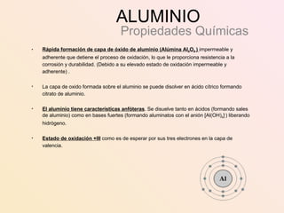 ALUMINIO Propiedades Químicas Rápida formación de capa de óxido de aluminio (Alúmina Al 2 O 3  )  impermeable y adherente que detiene el proceso de oxidación, lo que le proporciona resistencia a la corrosión y durabilidad. (Debido a su elevado estado de oxidación impermeable y adherente) . La capa de oxido formada sobre el aluminio se puede disolver en ácido cítrico formando citrato de aluminio.  El aluminio tiene características anfóteras . Se disuelve tanto en ácidos (formando sales de aluminio) como en bases fuertes (formando aluminatos con el anión [Al(OH) 4 ] - ) liberando hidrógeno.  Estado de oxidación +III  como es de esperar por sus tres electrones en la capa de valencia. 