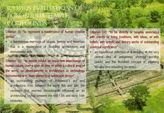 ICOMOS evaluations of
borobudur temple
Criterion (i): “to represent a masterpiece of human its
(i): Borobudur Temple Compounds with
creative genius”
stepped, unroofed pyramid consisting of ten
compounds

superimposing terraces, crowned by a large bell-shaped
Criterion harmonious marriage of stupas, temple and
dome is a(i): “to represent a masterpiece of human creative
genius”
mountain that is a masterpiece of Buddhist architecture
•  a harmonious marriage of stupas, temple and mountain
and monumental arts.
that is a masterpiece of Buddhist architecture and
monumental arts.
Criterion (vi): Laid out in the form of a lotus, the sacred
Criterion (vi): “to be directly or tangibly associated
flower of Buddha, Borobudur Temple Compounds is an
Criterion (ii): “to exhibit blending important interchange
with events or living aexhibit with the very with
exceptional reflection oftraditions,an of ideas, or central of
human indigenous a span time or within a cultural
beliefs, with artistic and literary works of the Buddhist
idea of values, over ancestorofworship and outstanding area of
the world, attaining Nirvana. The ten mounting or technology,
universal on developments in architecture terraces
concept ofsignificance”
monumental structure correspond to the design”
of the entirearts, town-planning or landscapesuccessive
•  an outstanding example of achieve before
stages that the Bodhisattva has toIndonesia’s art and
architecture from between the early 8th and late 9th
attaining to Buddhahood.
centuries that exerted considerable influence on an
architectural revival between the mid-13th and early 16th
centuries.

Criterion (ii): “to exhibit Temple Compounds is of
Criterion (ii): Borobudur an important interchange an
human values, over a span of time or within a cultural
outstanding example of Indonesia’s art and architecture
area of the the early 8th and late in centuries that
from between world, on developments9tharchitecture or
technology, monumental arts, tangiblyarchitectural
exerted considerable influence orontown-planning or
an associated
Criterion (vi): “to be directly
landscape design”mid-13th and early ideas, or with
revival events or living traditions, with16th centuries.
with between the
beliefs, with artistic and literary works of outstanding
universal significance”
•  an exceptional reflection of a blending of the very
central idea of indigenous ancestor worship
(lotus) and the Buddhist concept of attaining
Nirvana (ten mounting terraces).

 