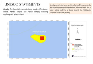 UNESCO Statements
Integrity: The boundaries contain three temples (Borobudur
Temple, Mendut Temple, and Pawon Temple) including
imaginary axis between them.	
  

developments in tourism or anything that could compromise the
extraordinary relationship between the main monument and its
wider setting could be a threat towards the Outstanding
Universal Value of the property.

The map of Borobudur Archaeological Park and its surrounding, showing that Mendut, Pawon, and Borobudur forming a straight line. Self made, redrawed by Gunawan Kartapranata, 2011.
r

 