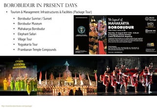 Borobudur in present days
•  Tourism & Management: Infrastructures & Facilities (Package Tour)
• 
• 
• 
• 
• 
• 
• 

Borobudur Sunrise / Sunset
Borobudur Museum
Mahakarya Borobudur
Elephant Safari
Village Tour
Yogyakarta Tour
Prambanan Temple Compounds

http://manoharaborobudur.com/package/

 